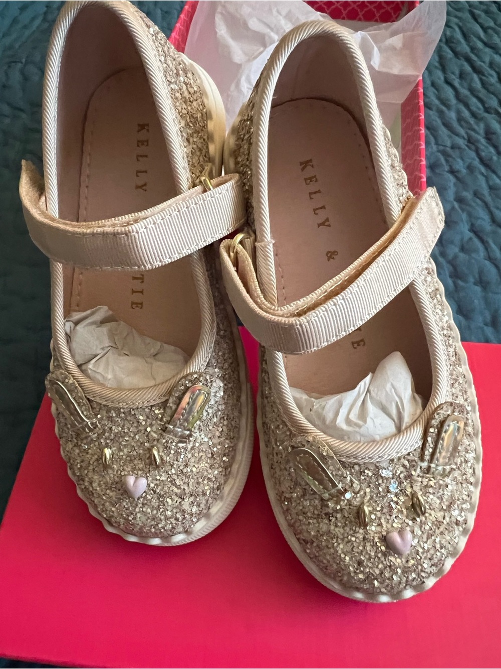 Kelly & Katie Girls Gold Glitter Mary Jane Shoes with Pink Bunny Heart Accent